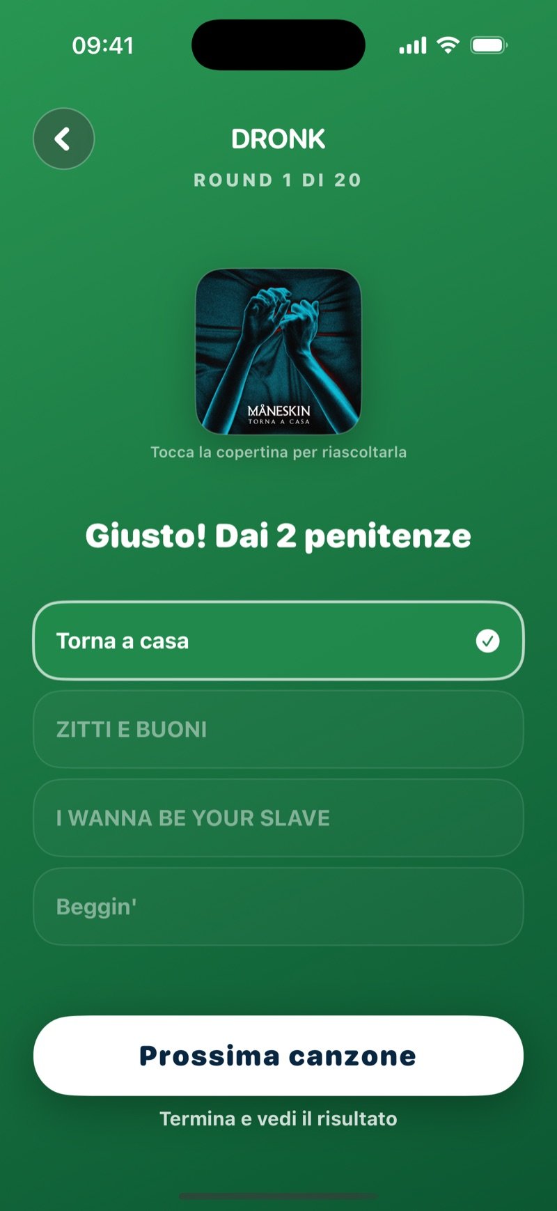 Indovina la canzone dopo una risposta giusta: Someone You Loved evidenziata con una spunta, il testo Correct! Hand out 2 penalties, la risposta Someone You Loved (2018), un pulsante Next song e un link Finish & see result (screenshot della versione inglese)