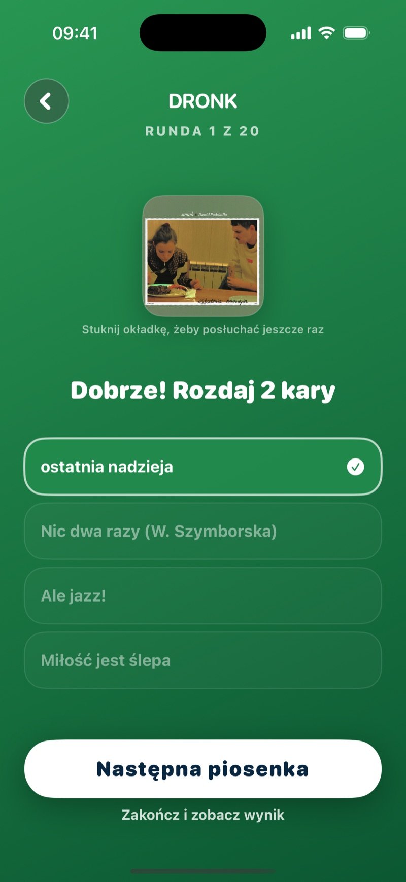 Zgadnij piosenkę po poprawnej odpowiedzi: Someone You Loved podświetlone z ptaszkiem, tekst Correct! Hand out 2 penalties, odpowiedź Someone You Loved (2018), przycisk Next song i link Finish & see result (zrzut z wersji angielskiej)