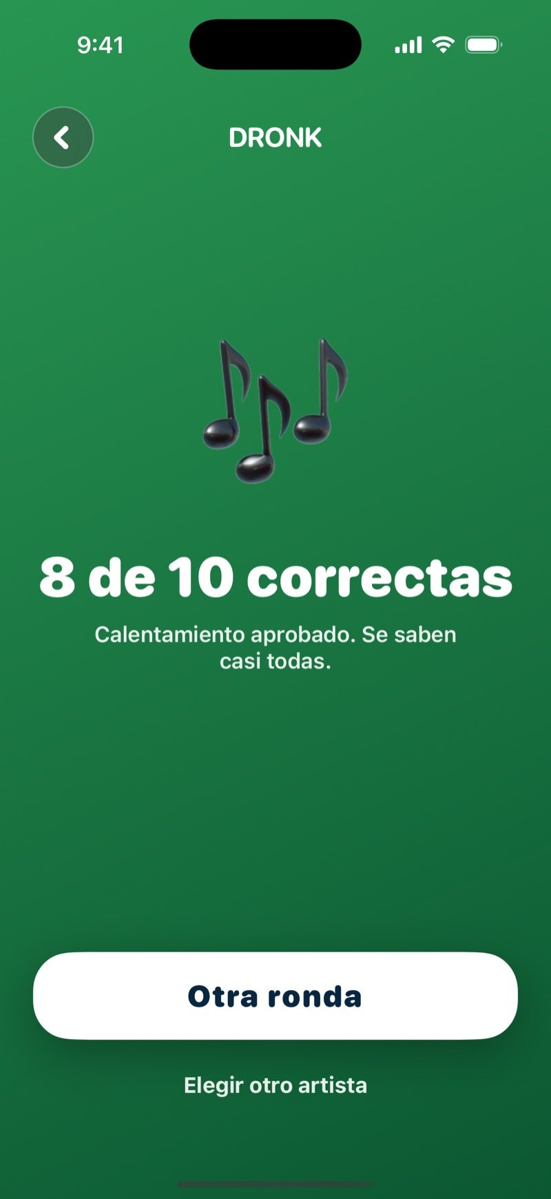 La pantalla de resultado de Adivina la canción: un ícono grande de nota, cuántas acertaste de cuántas, una frase sobre tu resultado, el botón para jugar otra ronda y la opción de elegir otro artista