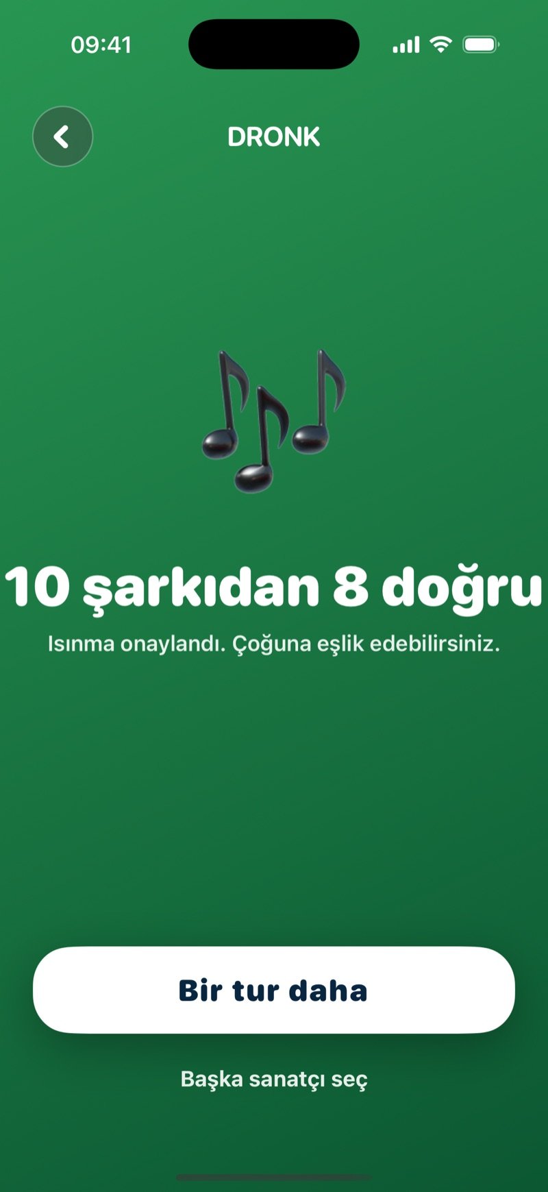 Şarkıyı Tahmin Et sonuç ekranı: büyük bir nota simgesi, kaç şarkıdan kaçının bilindiği, sonuç hakkında bir cümle, Bir tur daha düğmesi ve Başka sanatçı seç bağlantısı