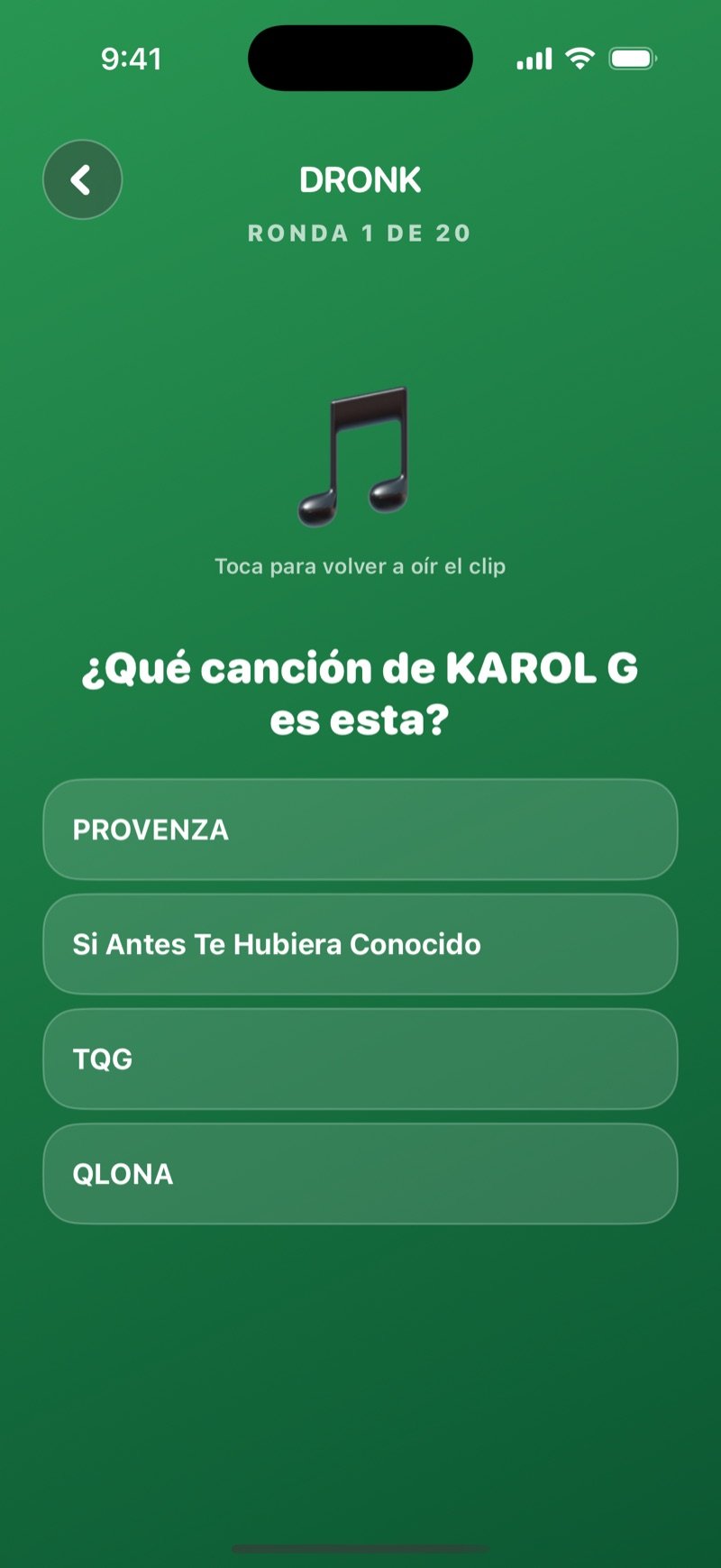Adivina la canción en la app Dronk: elegir el título correcto
