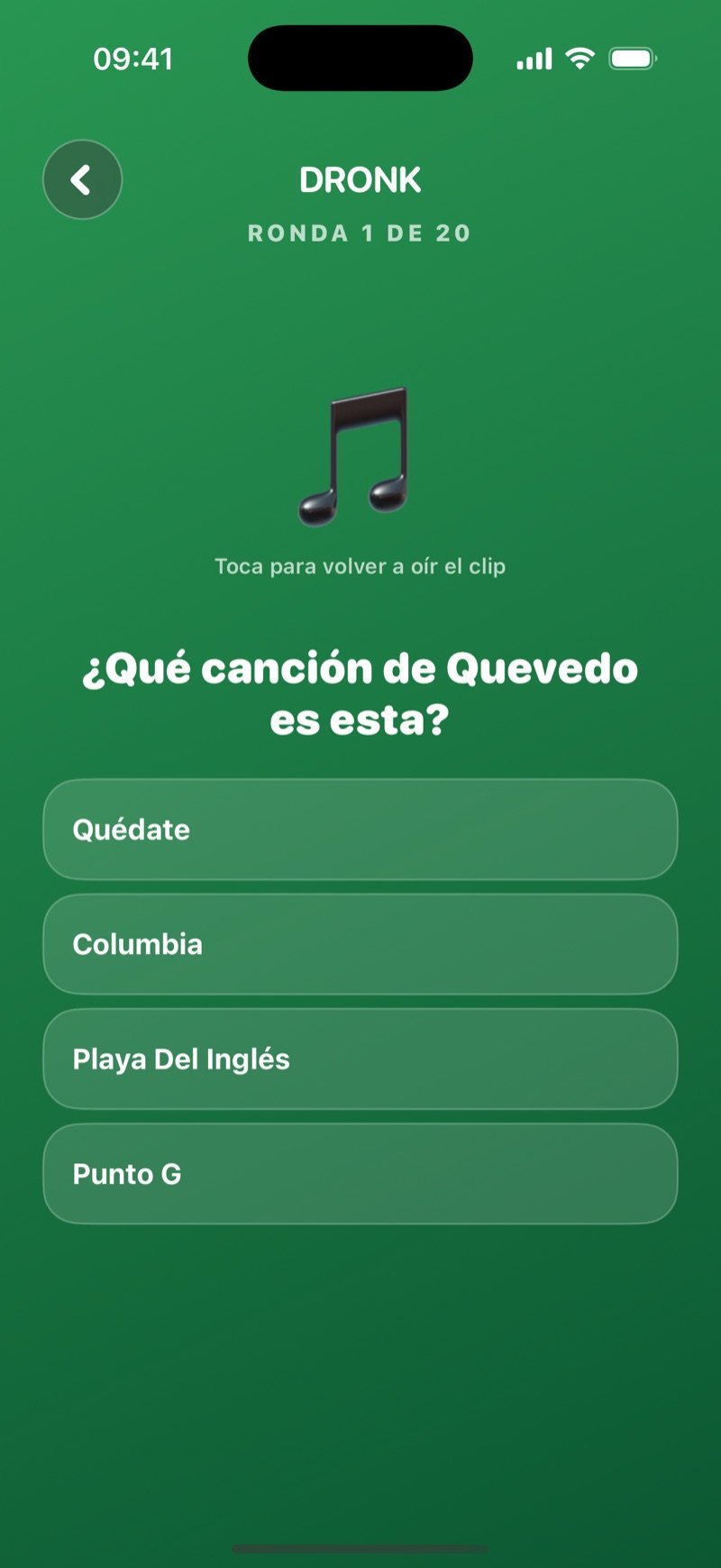 Adivina la canción en la app Dronk: ronda 1 de 20, un icono de nota con Tap to replay the clip, la pregunta Which Lewis Capaldi song is this? y cuatro títulos: Before You Go, Someone You Loved, Bruises, Hold Me While You Wait (captura de la versión en inglés)