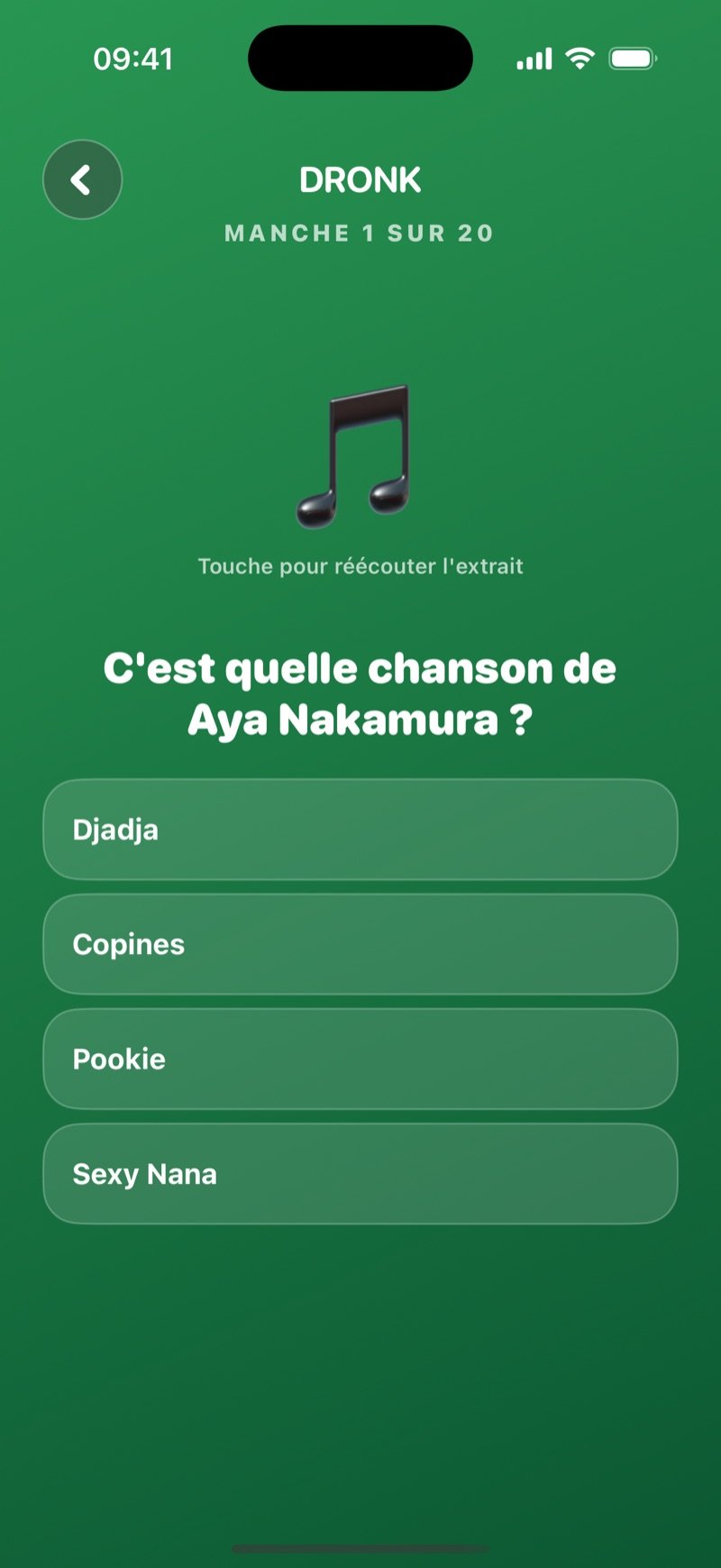 Le Blind test dans l'app Dronk : manche 1 sur 20, une icône de note Tap to replay the clip, la question Which Lewis Capaldi song is this? et quatre titres : Before You Go, Someone You Loved, Bruises, Hold Me While You Wait (capture de la version anglaise)