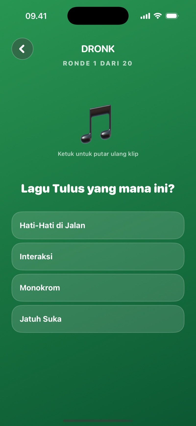 Tebak Lagu di aplikasi Dronk: satu ronde dengan ikon not untuk memutar ulang klip, pertanyaan lagu mana yang sedang diputar dan empat judul dari artis yang sama