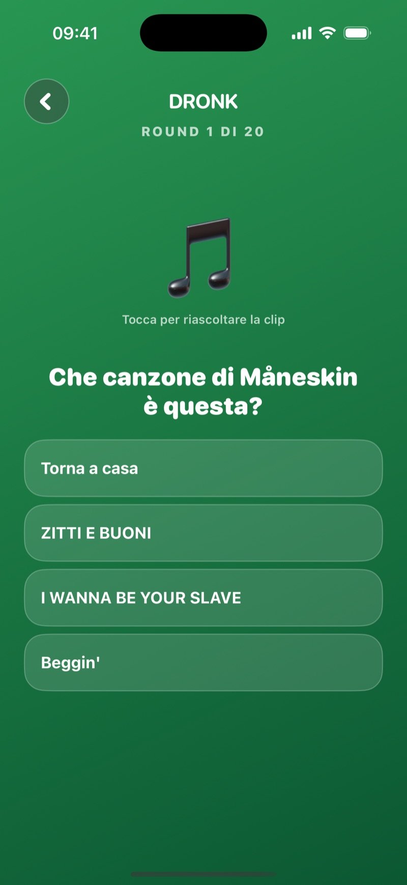 Indovina la canzone nell'app Dronk: manche 1 di 20, un'icona a forma di nota con Tap to replay the clip, la domanda Which Lewis Capaldi song is this? e quattro titoli: Before You Go, Someone You Loved, Bruises, Hold Me While You Wait (screenshot della versione inglese)