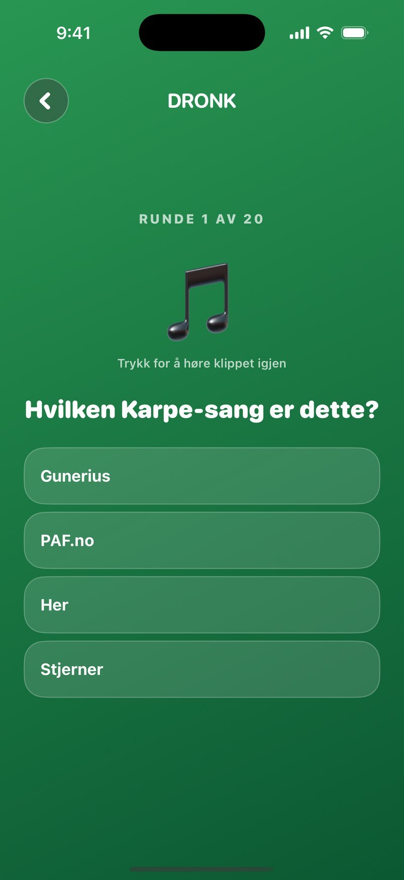 Gjett sangen i Dronk på norsk: runde 1 av 20 spør hvilken Karpe-sang klippet er, med fire titler å velge mellom