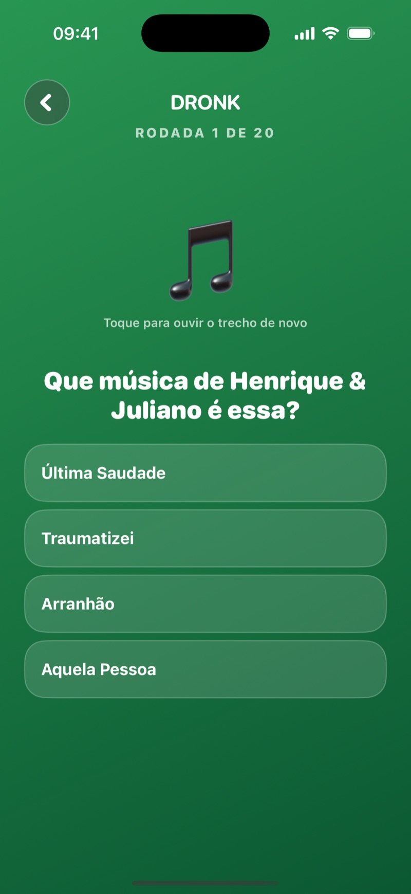 Adivinhe a Música no app Dronk: rodada 1 de 20, um ícone de nota com Tap to replay the clip, a pergunta Which Lewis Capaldi song is this? e quatro títulos: Before You Go, Someone You Loved, Bruises, Hold Me While You Wait (captura da versão em inglês)