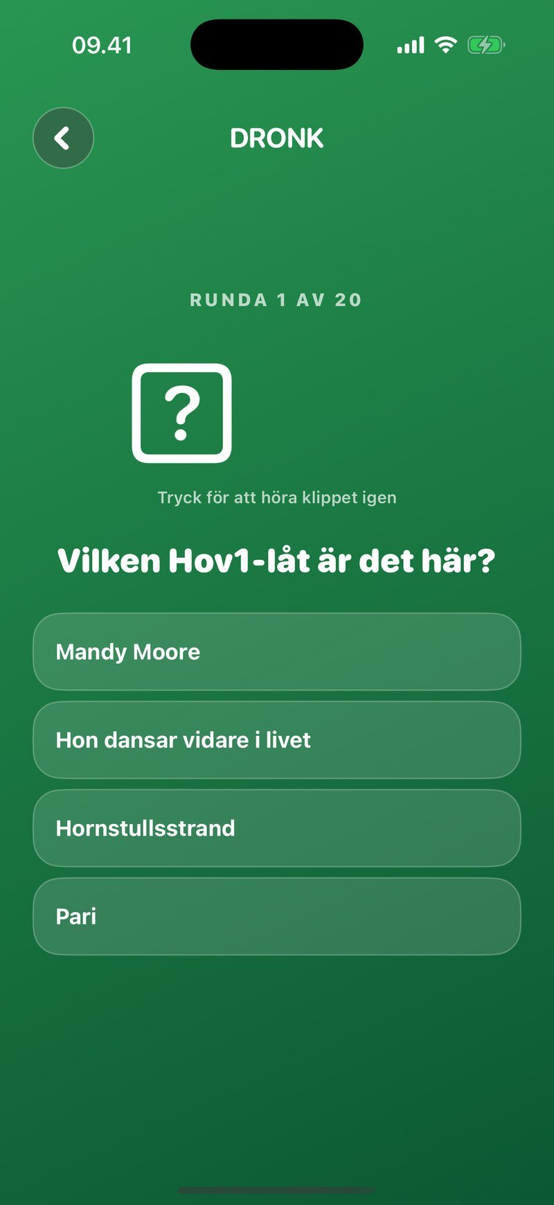 Gissa låten i Dronk på svenska: runda 1 av 20 frågar vilken Hov1-låt klippet är, med fyra titlar att välja mellan
