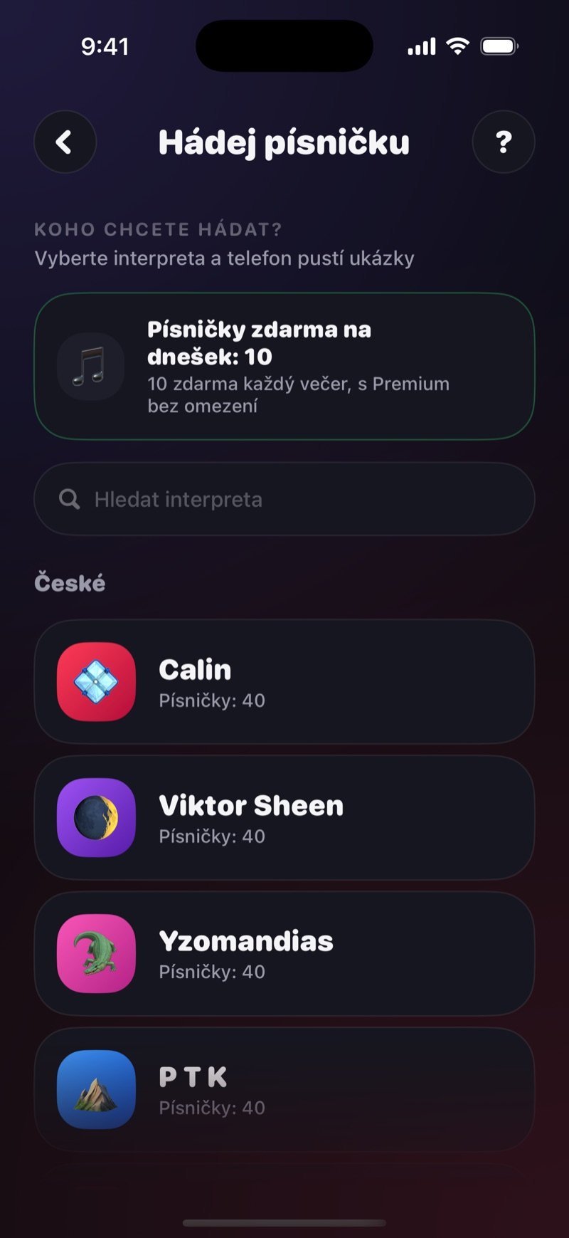 Výběr interpreta v Hádej písničku: nadpis Koho chcete hádat?, zelený rámeček s počtem písniček zdarma na dnešek, pole Hledat interpreta a seznam interpretů s počtem písniček u každého jména