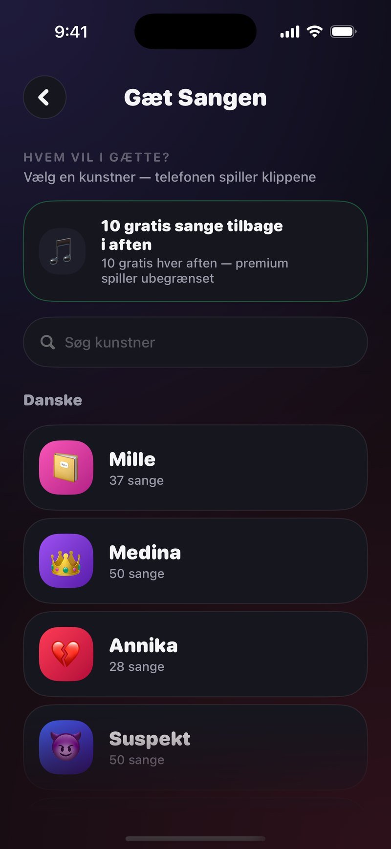Kunstnervælgeren i Gæt Sangen: overskriften Hvem vil I gætte?, en grøn boks med teksten 10 gratis sange tilbage i aften, søgefeltet Søg kunstner og listen Danske med Mille 37 sange, Medina 50 sange, Annika 28 sange og Suspekt 50 sange