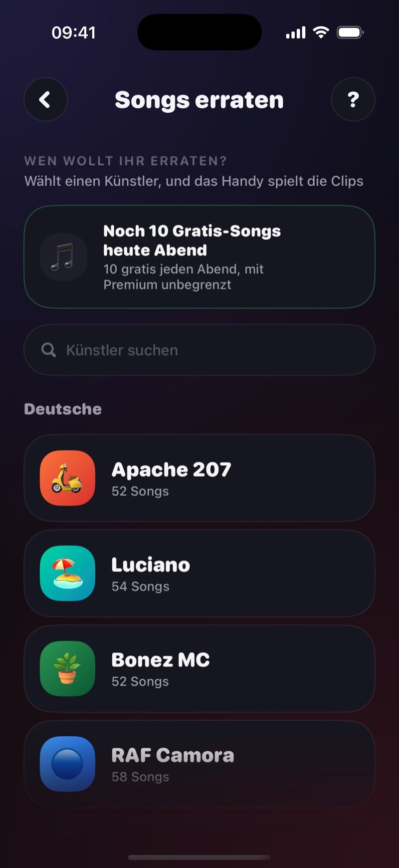 Die Künstlerauswahl in Songs erraten: Who do you want to guess? Pick an artist, ein grüner Kasten mit 10 free songs left tonight, ein Feld Search artist und die Liste International mit Drake, Bruno Mars, The Weeknd und Taylor Swift mit je etwa 50 Songs