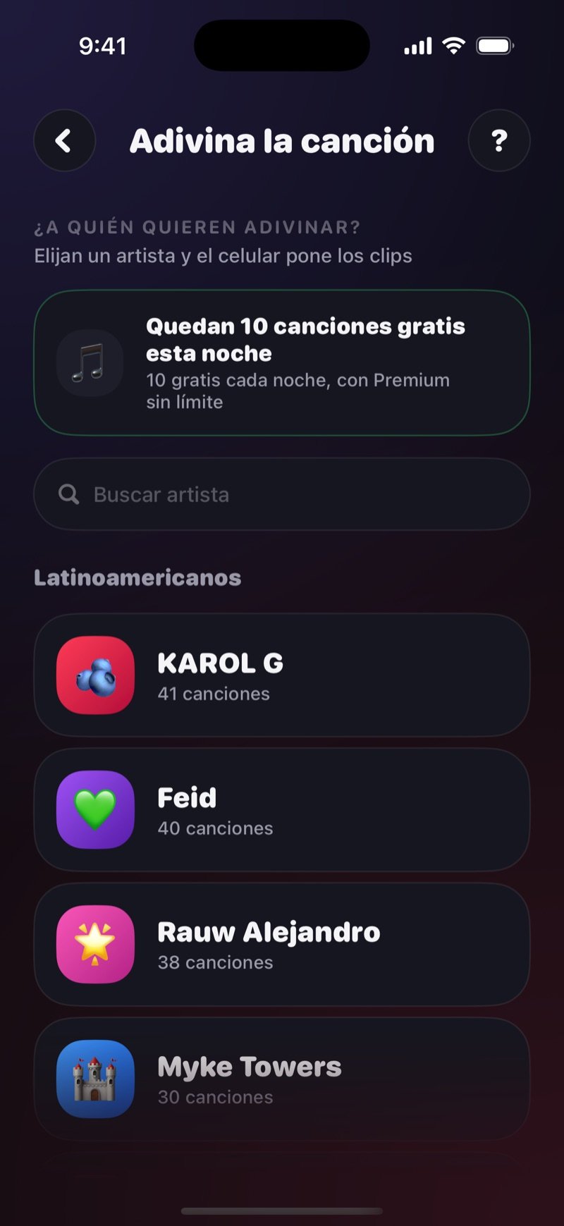 El selector de artista de Adivina la canción: la pregunta de a quién quieres adivinar, un recuadro con las canciones gratis que te quedan esta noche, un buscador de artistas y la lista de artistas con su número de canciones