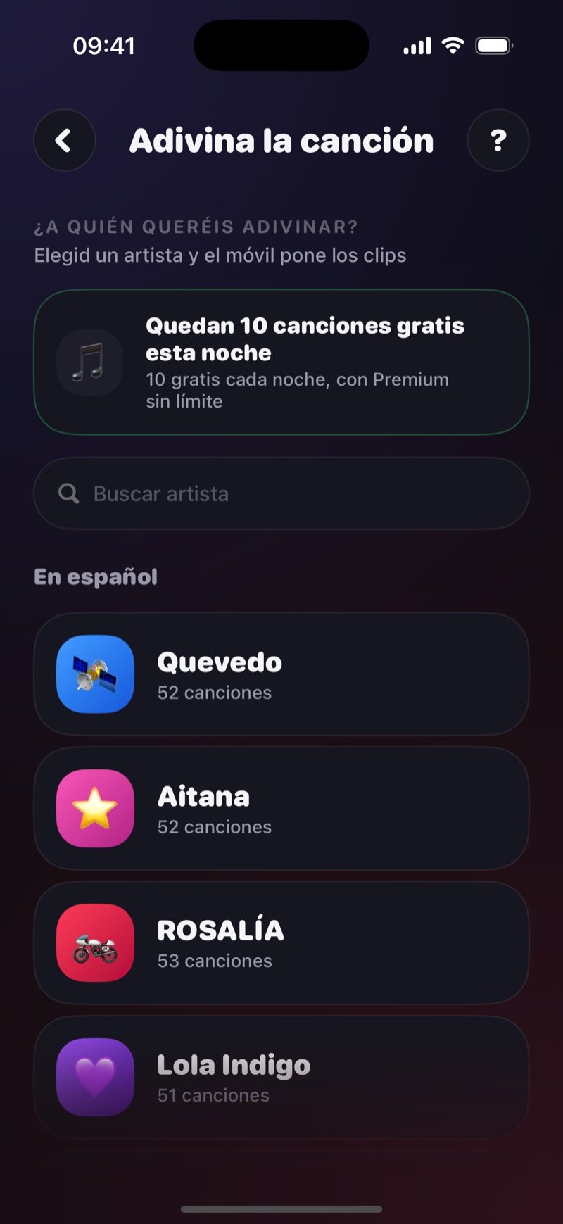 El selector de artista de Adivina la canción: Who do you want to guess? Pick an artist, un recuadro verde con 10 free songs left tonight, un campo Search artist y la lista International con Drake, Bruno Mars, The Weeknd y Taylor Swift con unas 50 canciones cada uno (captura de la versión en inglés)