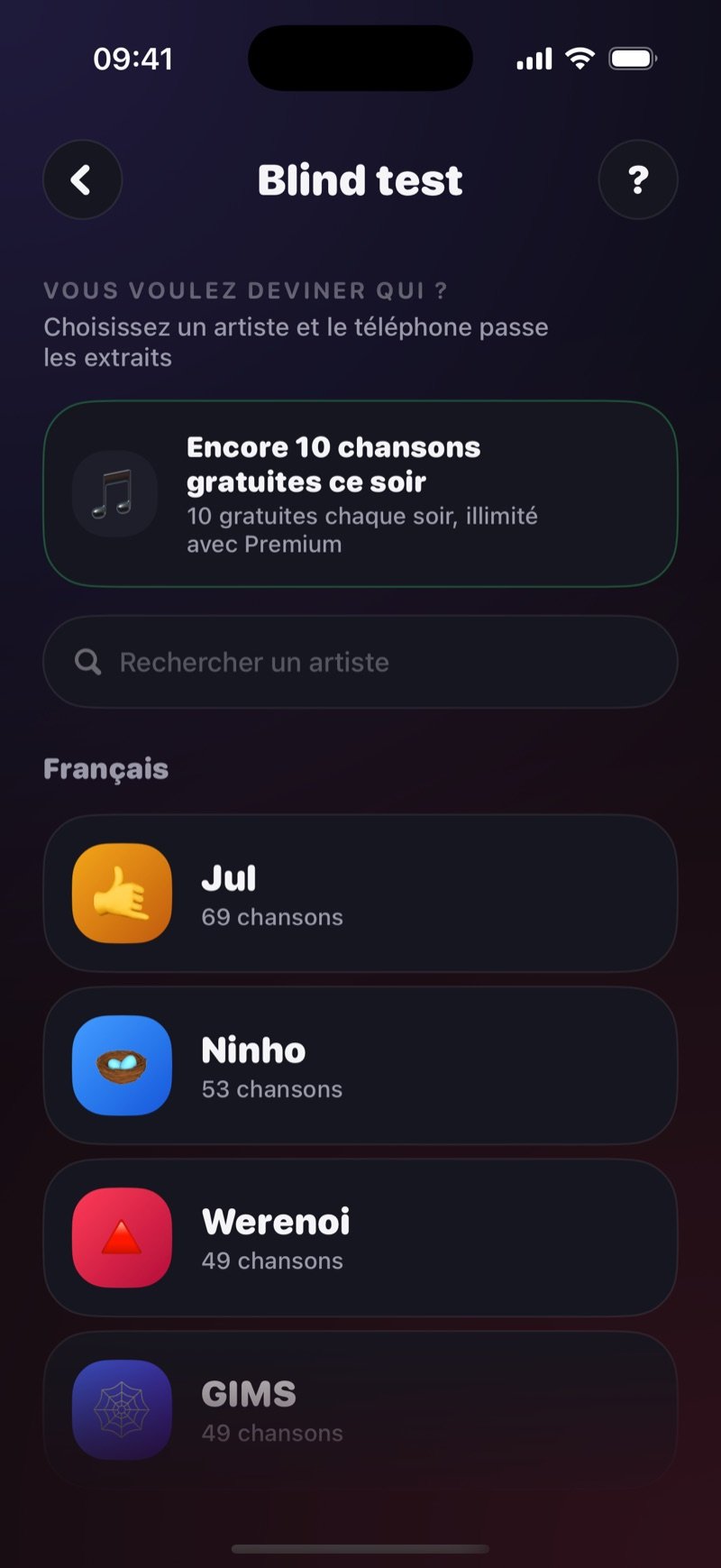 Le sélecteur d'artiste du Blind test : Who do you want to guess? Pick an artist, un encadré vert 10 free songs left tonight, un champ Search artist et la liste International avec Drake, Bruno Mars, The Weeknd et Taylor Swift à environ 50 chansons chacun (capture de la version anglaise)