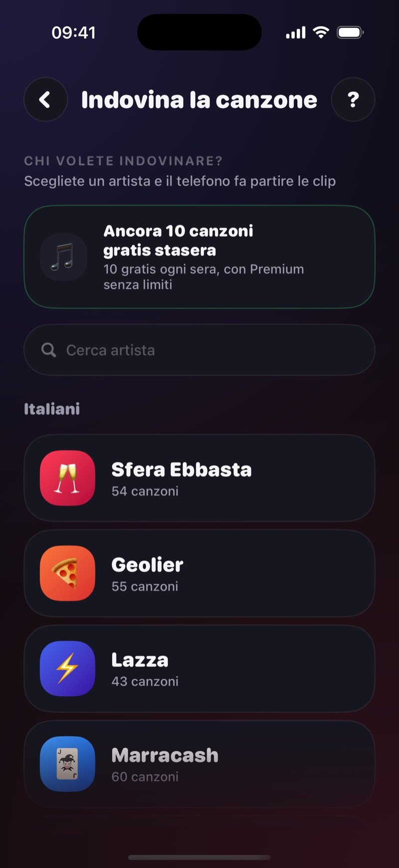 La scelta dell'artista in Indovina la canzone: Who do you want to guess? Pick an artist, un riquadro verde con 10 free songs left tonight, un campo Search artist e la lista International con Drake, Bruno Mars, The Weeknd e Taylor Swift a circa 50 canzoni ciascuno (screenshot della versione inglese)