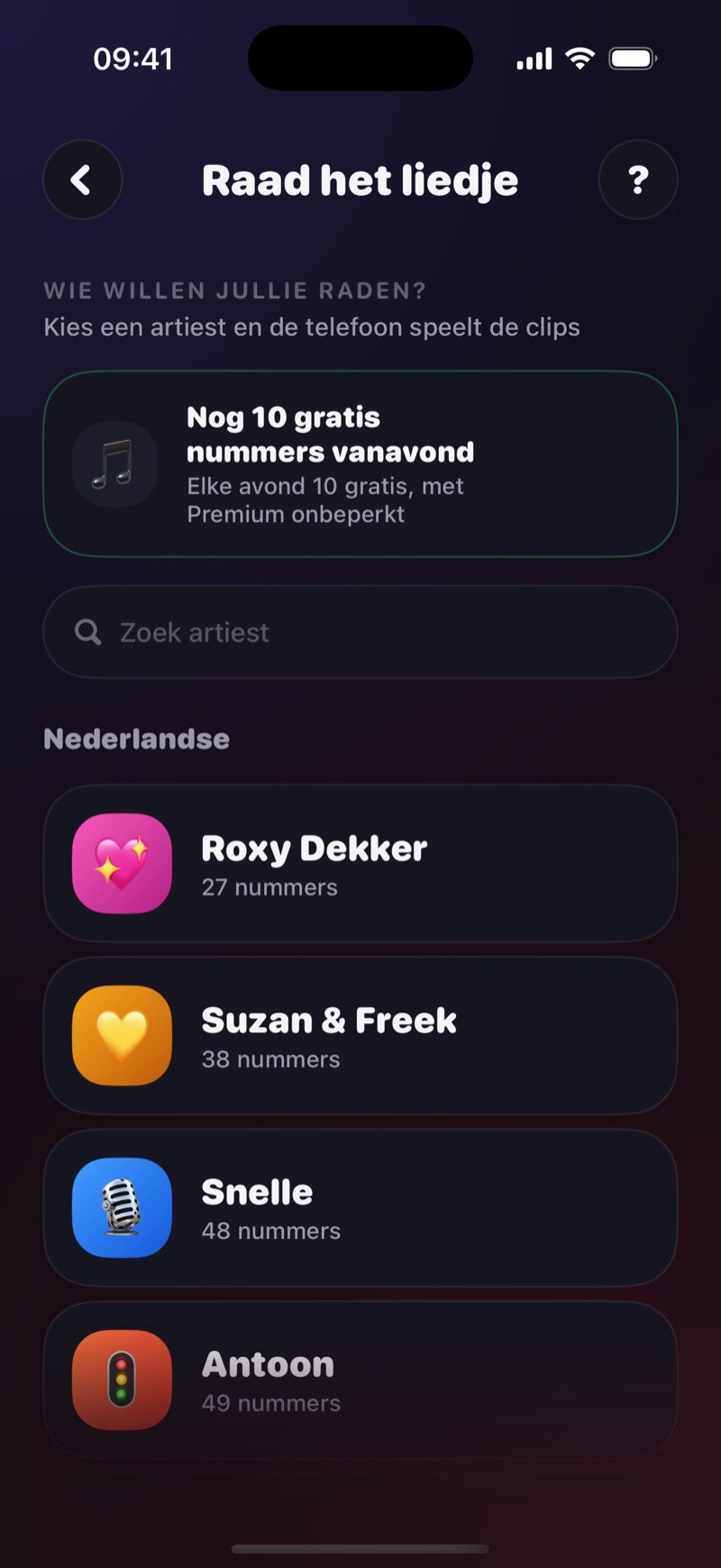 De artiestenkiezer van Raad het liedje: Who do you want to guess? Pick an artist, een groen vak met 10 free songs left tonight, een veld Search artist en de lijst International met Drake, Bruno Mars, The Weeknd en Taylor Swift met elk ongeveer 50 liedjes (screenshot van de Engelse versie)