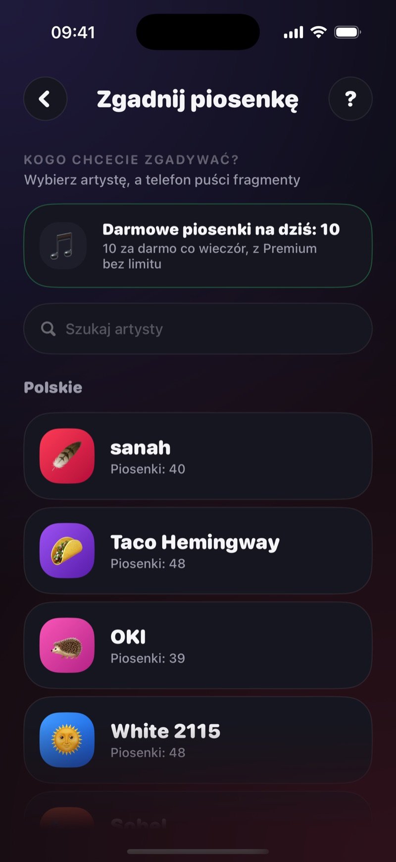 Wybór artysty w Zgadnij piosenkę: Who do you want to guess? Pick an artist, zielona ramka z napisem 10 free songs left tonight, pole Search artist i lista International z Drake, Bruno Mars, The Weeknd i Taylor Swift po około 50 piosenek każdy (zrzut z wersji angielskiej)