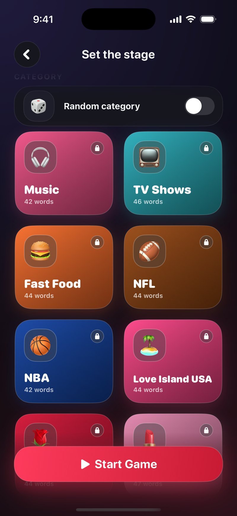 Categorieraster van het imposter spel in Dronk: schakelaar Random category, daaronder tegels voor Music (42 woorden), TV Shows (46), Fast Food (44), NFL (44), NBA (42) en Love Island USA (44)