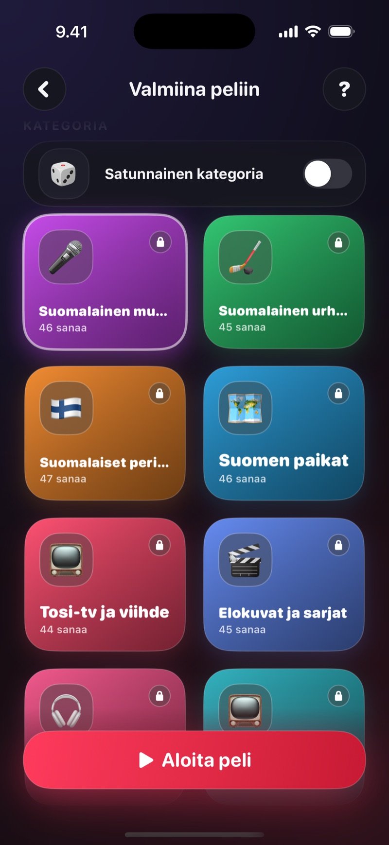 Imposterin kategoriaruudukko Dronkissa: Satunnainen kategoria -valinta ja kategorialaatat sanamäärineen