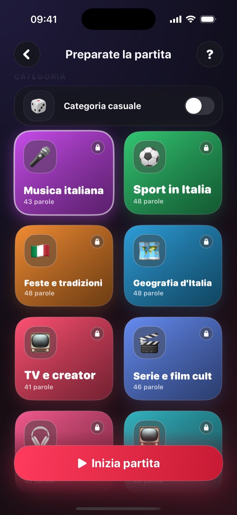 Griglia delle categorie dell'impostore in Dronk: interruttore Random category, poi le caselle Music (42 parole), TV Shows (46), Fast Food (44), NFL (44), NBA (42) e Love Island USA (44) (screenshot della versione inglese)
