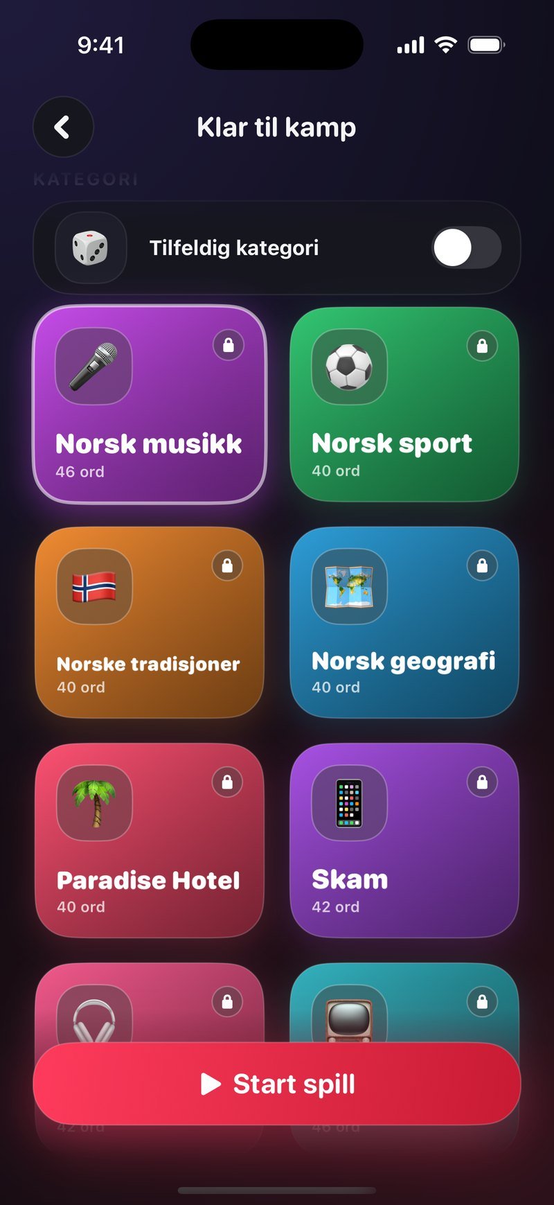 Kategorivalget i Dronk med bryteren Tilfeldig kategori øverst og fargede ruter for Norsk musikk med 46 ord, Norsk sport med 40 ord, Norske tradisjoner med 40 ord, Norsk geografi med 40 ord, Paradise Hotel med 40 ord og Skam med 42 ord
