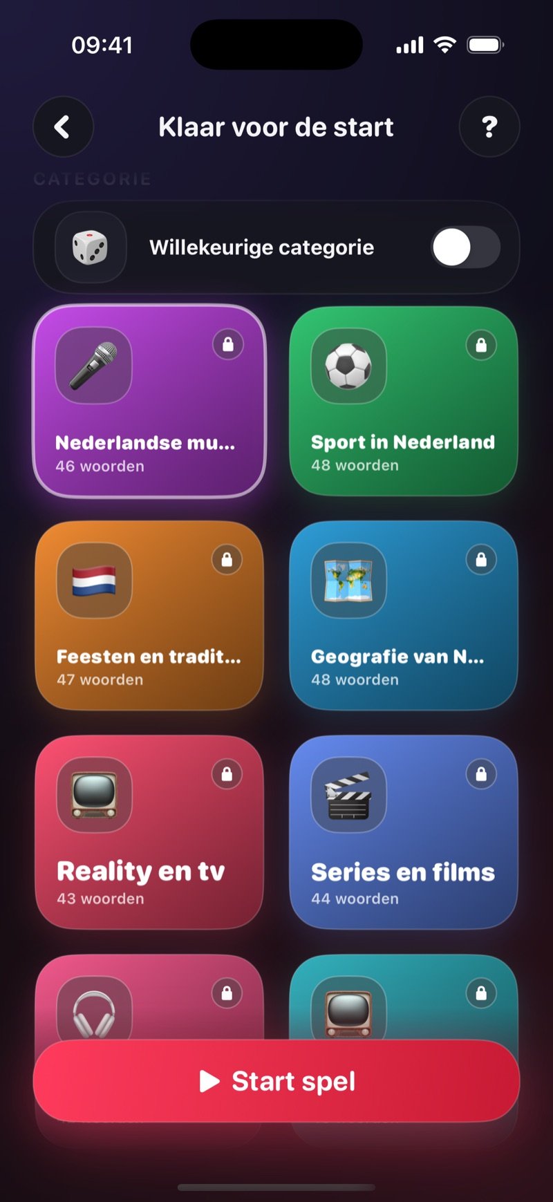 Categorieraster van het imposter spel in Dronk: schakelaar Random category, daaronder tegels voor Music (42 woorden), TV Shows (46), Fast Food (44), NFL (44), NBA (42) en Love Island USA (44) (screenshot van de Engelse versie)