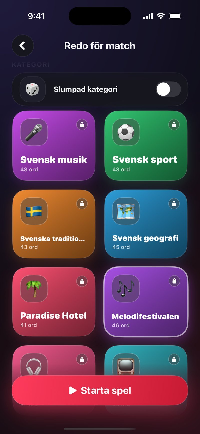 Kategorivalet i Dronk under rubriken Redo för match: reglaget Slumpad kategori högst upp och rutorna Svensk musik 48 ord, Svensk sport 43 ord, Svenska traditioner 43 ord, Svensk geografi 45 ord, Paradise Hotel 41 ord och Melodifestivalen 46 ord, samt knappen Starta spel