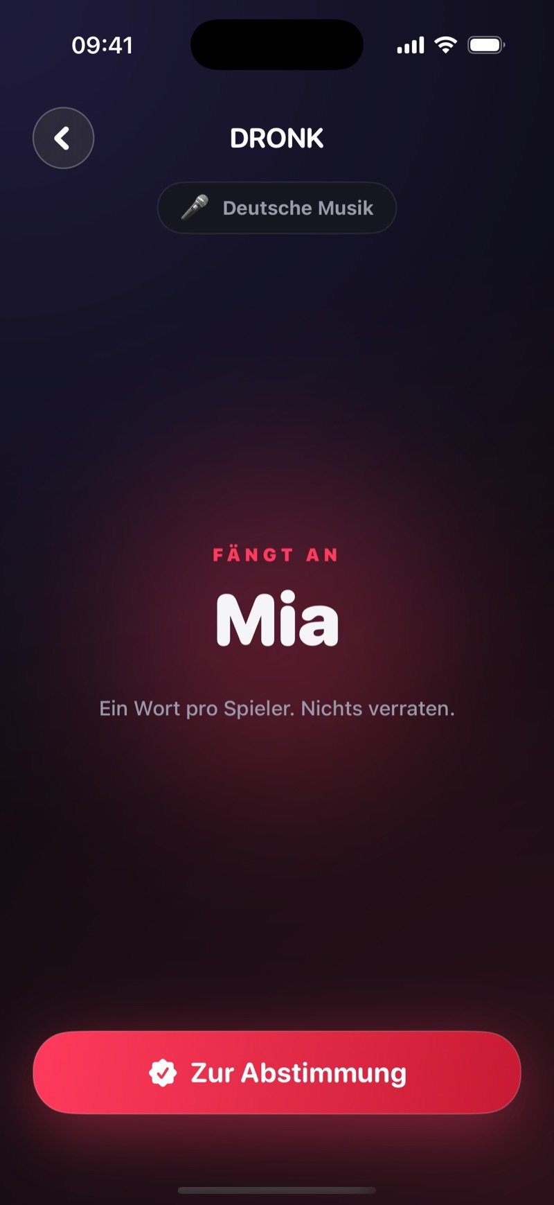 Die Hinweisrunde in Dronk: Banner Mia goes first, Kategorie Animals, die Zeile One word per player, no giveaways, ein Timer-Ring bei 39 Sekunden mit 1m gewählt und ein Go-to-vote-Button