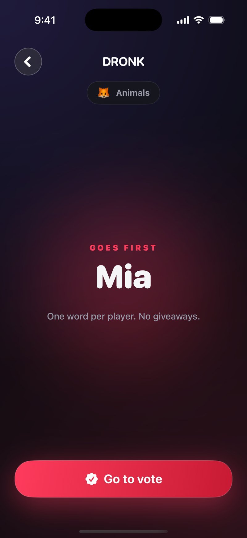 Hintronde in Dronk: banner Mia goes first, categorie Animals, de regel One word per player, no giveaways, een timerring op 39 seconden met 1m geselecteerd, en een Go to vote-knop