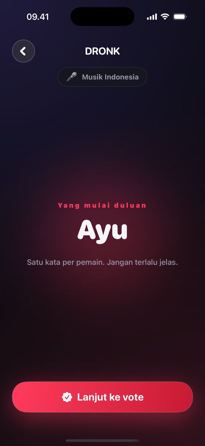 Putaran petunjuk di Dronk: siapa yang mulai, kategori di layar, kalimat Satu kata per pemain, dan tombol Lanjut ke vote