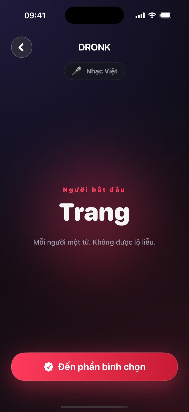 Vòng gợi ý trong Dronk: app cho biết ai nói trước và giữ chủ đề trên màn hình, kèm nút chuyển sang bình chọn