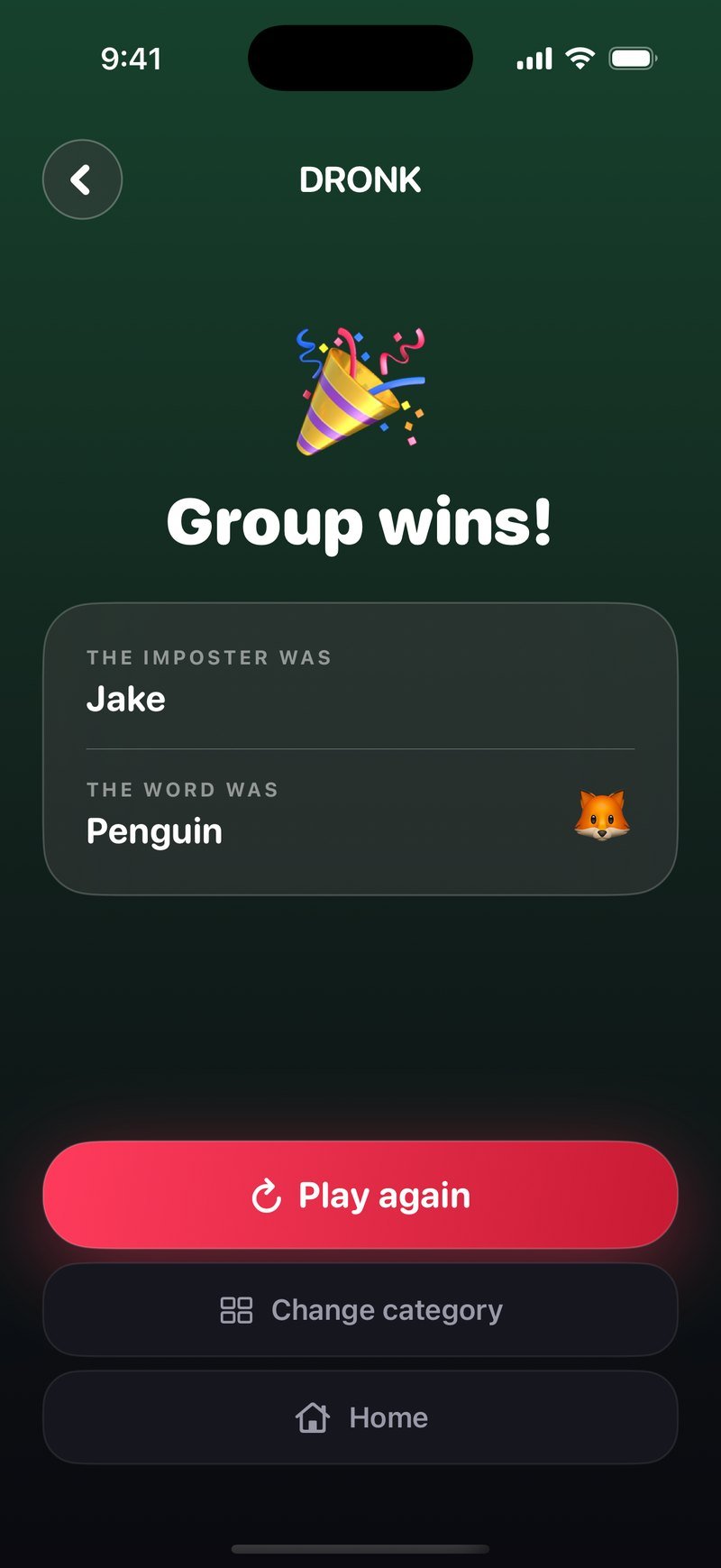 Uitslagscherm in Dronk op een groene achtergrond: Group wins! You caught the imposter. De imposter was Jake, het woord was Penguin, met de knoppen Play again, Change category en Home