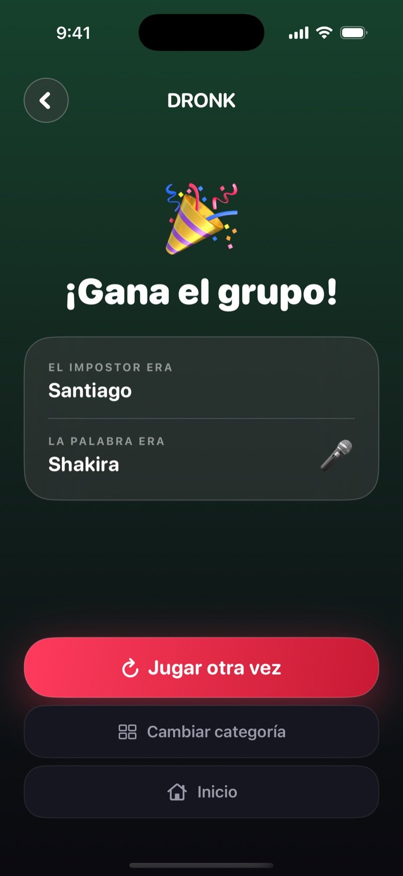 Pantalla de resultado en Dronk sobre fondo verde: gana el grupo, se revela quién era el impostor y cuál era la palabra, con botones para jugar otra vez, cambiar de categoría o ir al inicio