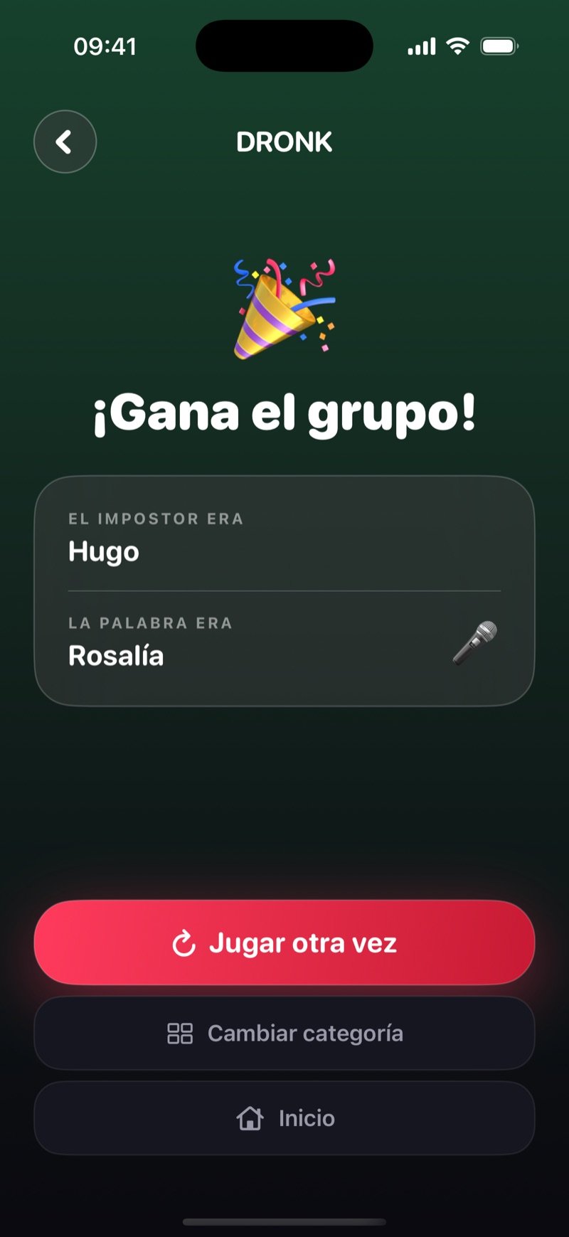 Pantalla de resultado en Dronk sobre fondo verde: Group wins! You caught the imposter. El impostor era Jake, la palabra era Penguin, con botones Play again, Change category y Home (captura de la versión en inglés)
