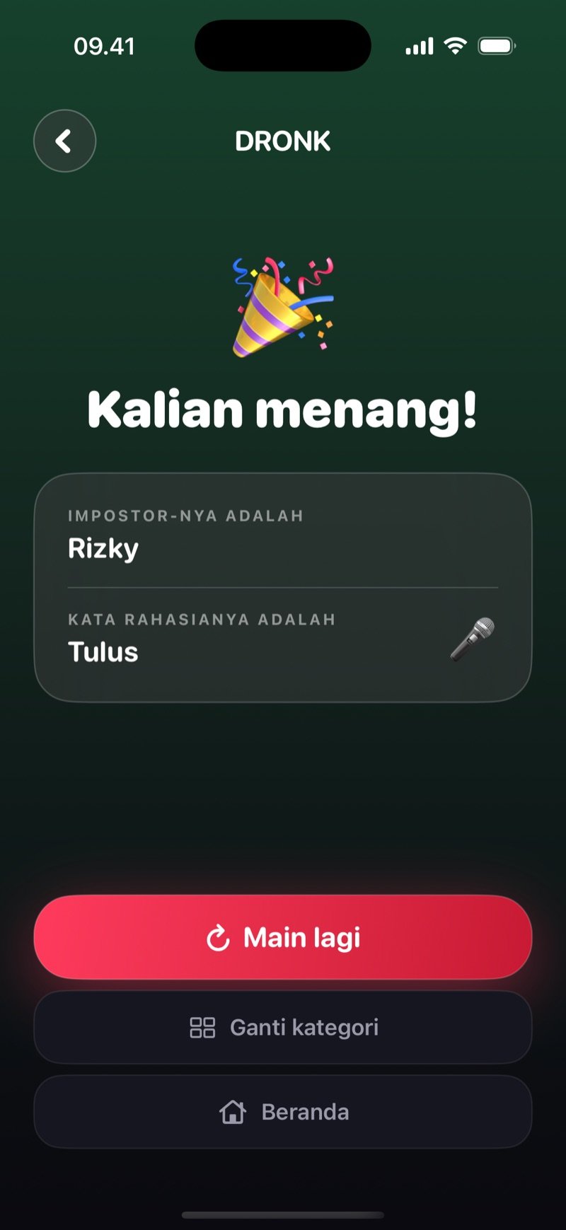 Layar hasil di Dronk dengan latar hijau: Kalian menang! Layar menunjukkan siapa impostor-nya dan apa katanya, dengan tombol Main lagi dan Ganti kategori
