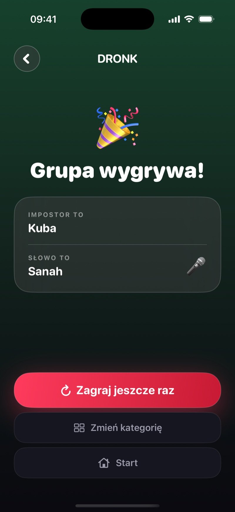 Ekran wyniku w Dronk na zielonym tle: Group wins! You caught the imposter. Impostorem był Jake, słowem był Penguin, przyciski Play again, Change category i Home (zrzut z wersji angielskiej)