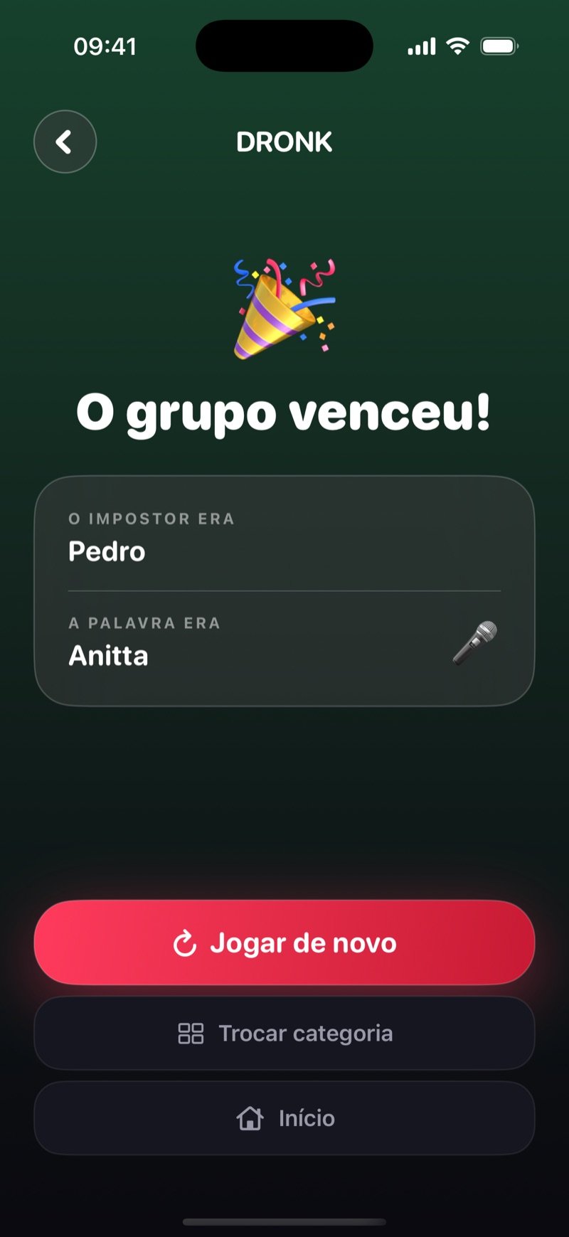 Tela de resultado no Dronk com fundo verde: Group wins! You caught the imposter. O impostor era Jake, a palavra era Penguin, com botões Play again, Change category e Home (captura da versão em inglês)