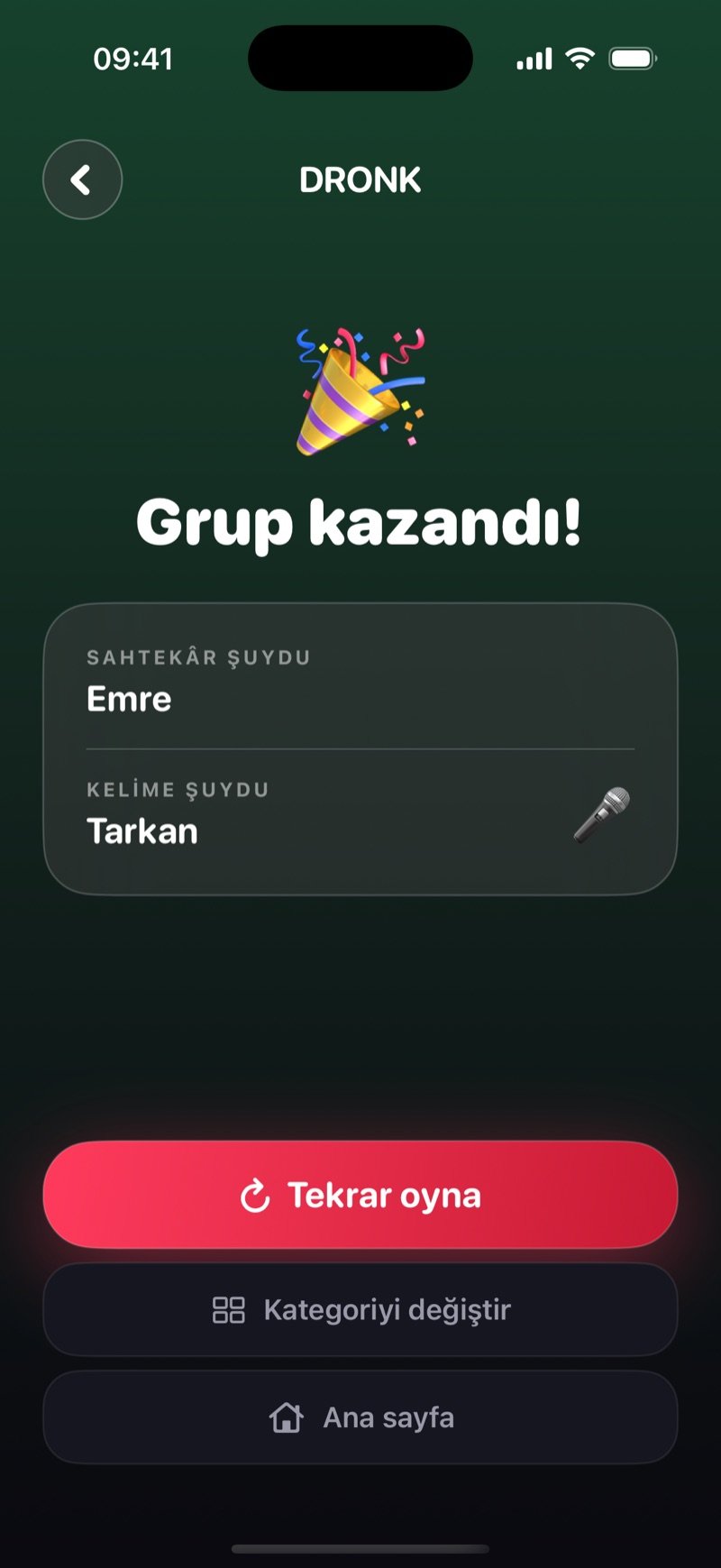 Dronk'ta yeşil zeminli sonuç ekranı: Grup kazandı!, sahtekârın kim olduğu ve kelime, Tekrar oyna, Kategoriyi değiştir ve Ana sayfa düğmeleri