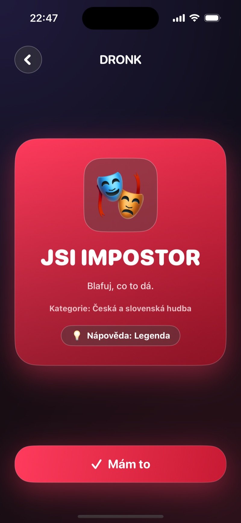 Červená karta impostora v Dronku: Jsi impostor, s kategorií a nápovědou o jednom slově