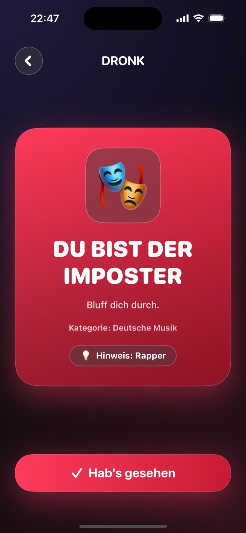 Imposter in der Dronk App: der Bildschirm, der dir zeigt, dass du der Imposter bist