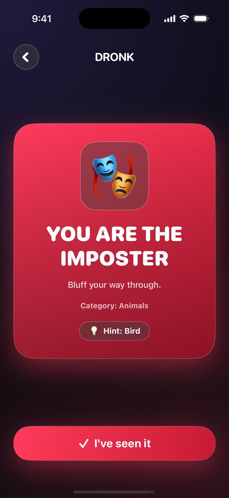 De rode kaart van de imposter in Dronk: You are the imposter, bluff your way through, met Category: Animals en Hint: Bird