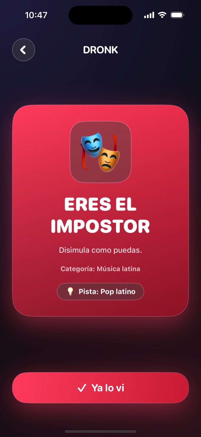 La carta roja del impostor en Dronk: eres el impostor, con la categoría y una pista de una palabra