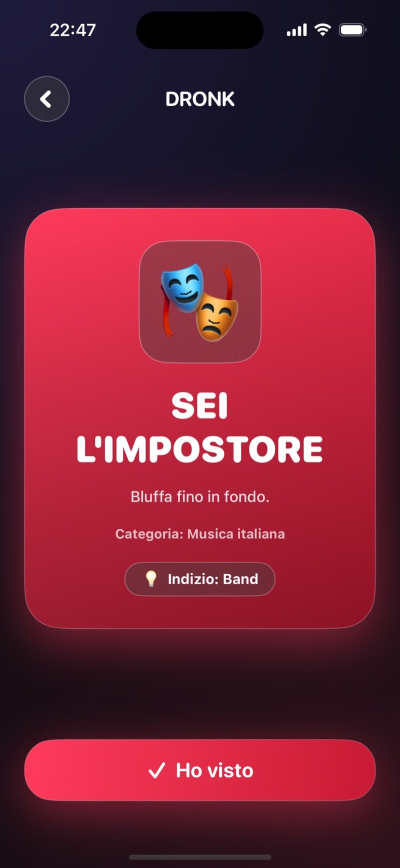 La carta rossa dell'impostore in Dronk: You are the imposter, bluff your way through, con Category: Animals e Hint: Bird (screenshot della versione inglese)