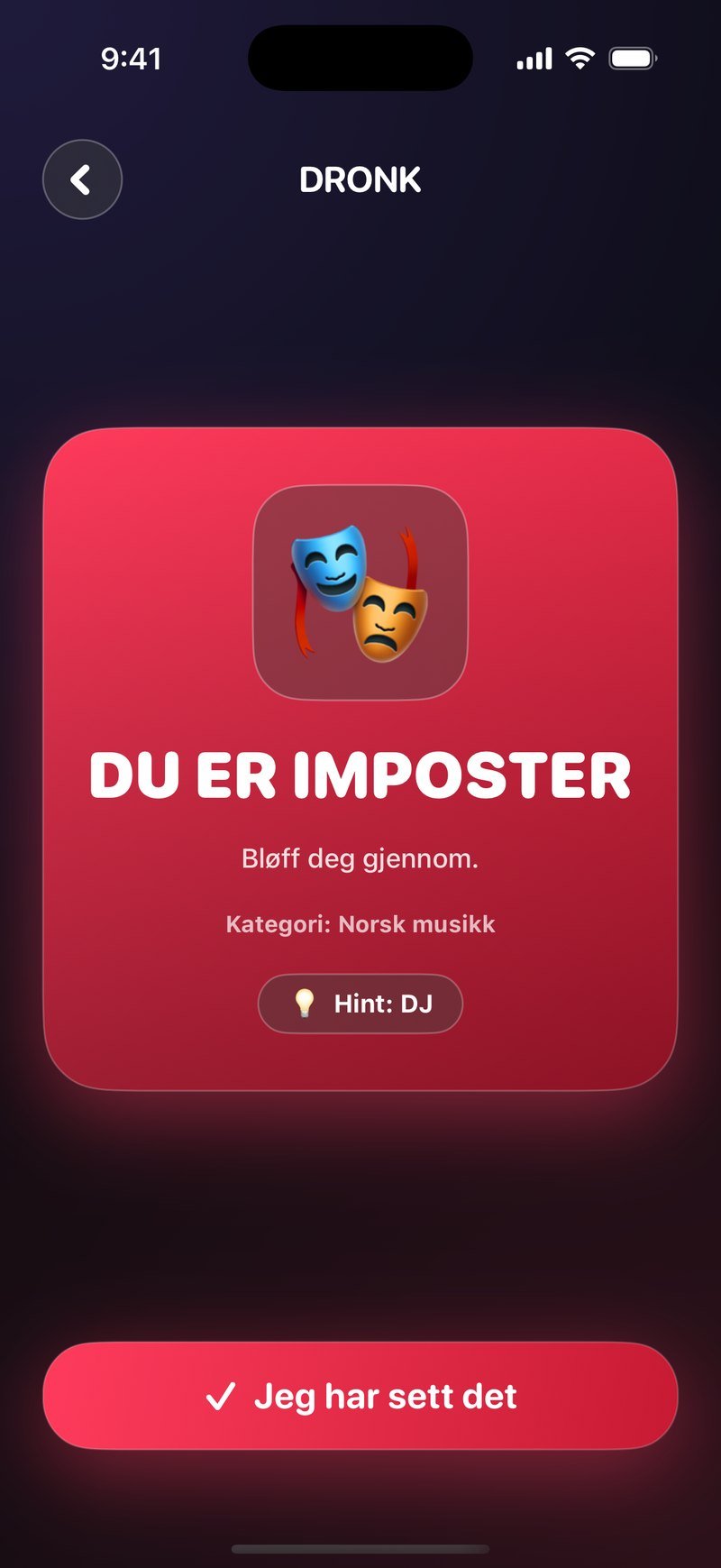 Imposter-kortet i Dronk: rødt kort med teatermasker, overskriften DU ER IMPOSTER, linjen Bløff deg gjennom, teksten Kategori: Norsk musikk og merket Hint: DJ