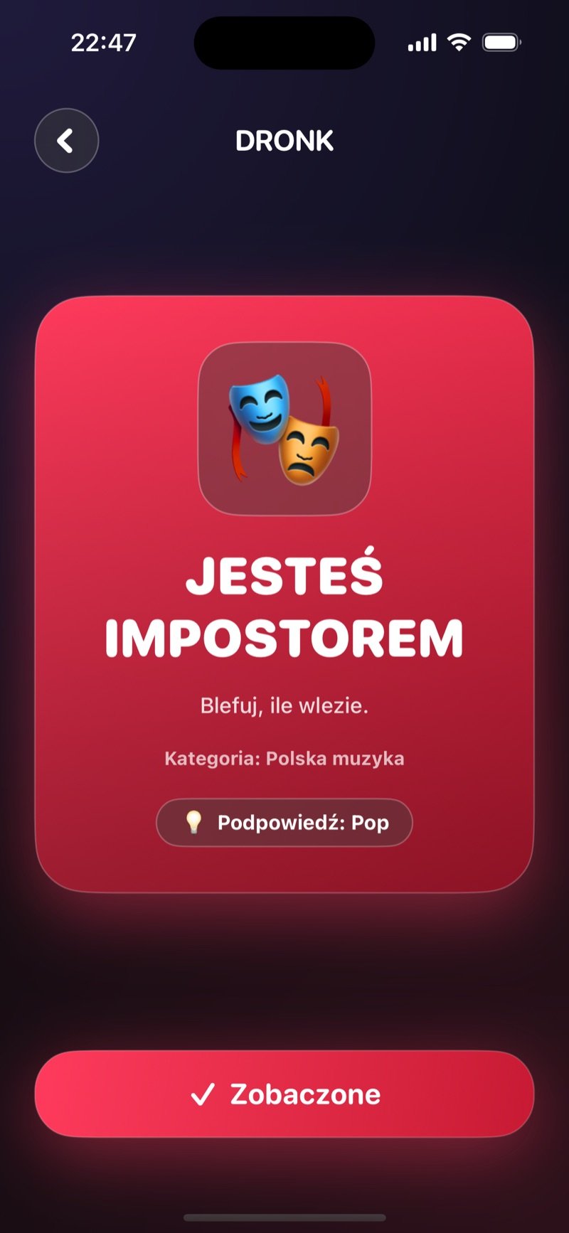 Czerwona karta impostora w Dronk: You are the imposter, bluff your way through, z Category: Animals i Hint: Bird (zrzut z wersji angielskiej)