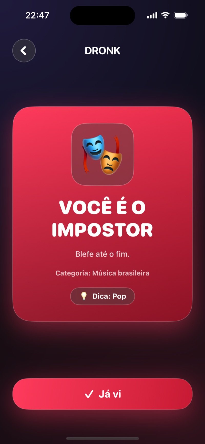 A carta vermelha do impostor no Dronk: You are the imposter, bluff your way through, com Category: Animals e Hint: Bird (captura da versão em inglês)