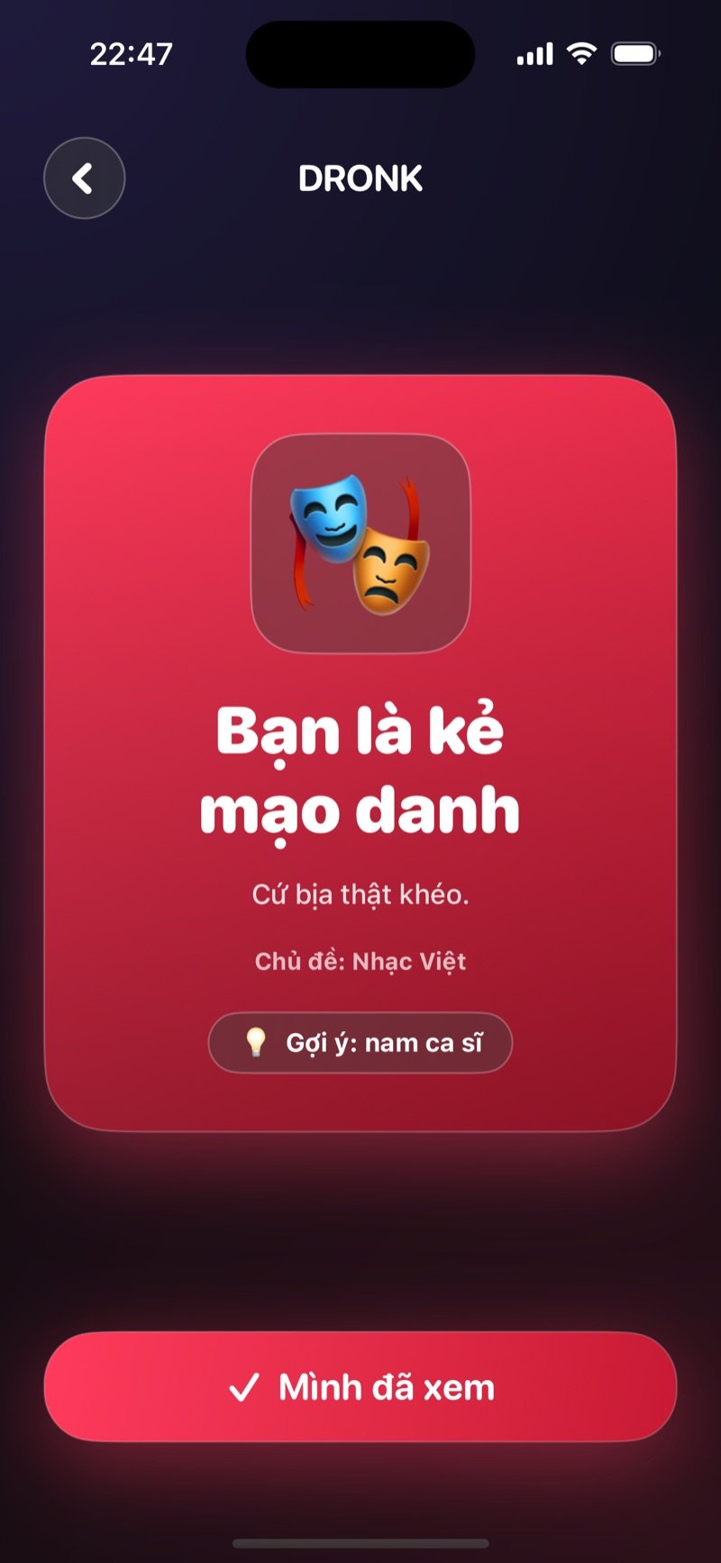 Kẻ mạo danh trong app Dronk: màn hình báo cho bạn biết bạn là kẻ mạo danh