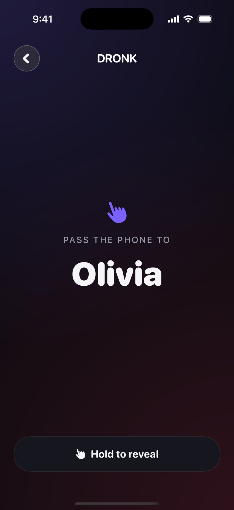 Doorgeefscherm in Dronk: Pass the phone to Olivia, met een Hold to reveal-knop en de kaart nog verborgen