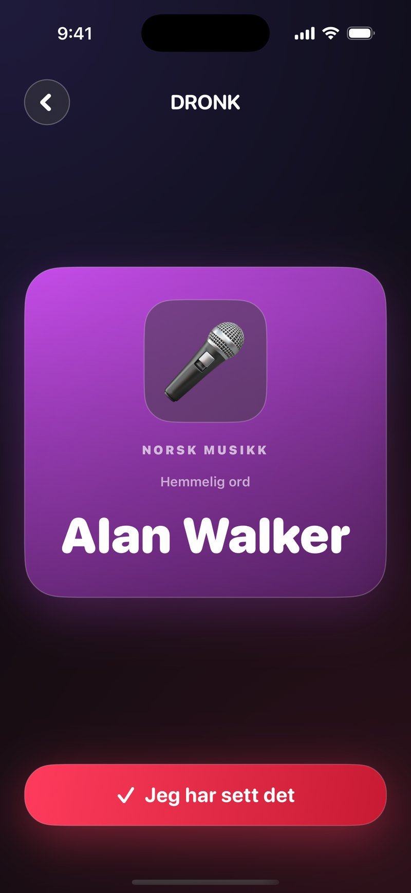 Undercover-kortet i Dronk: samme lilla kort med mikrofonikon, kategorien NORSK MUSIKK og teksten Hemmelig ord, men navnet er Alan Walker