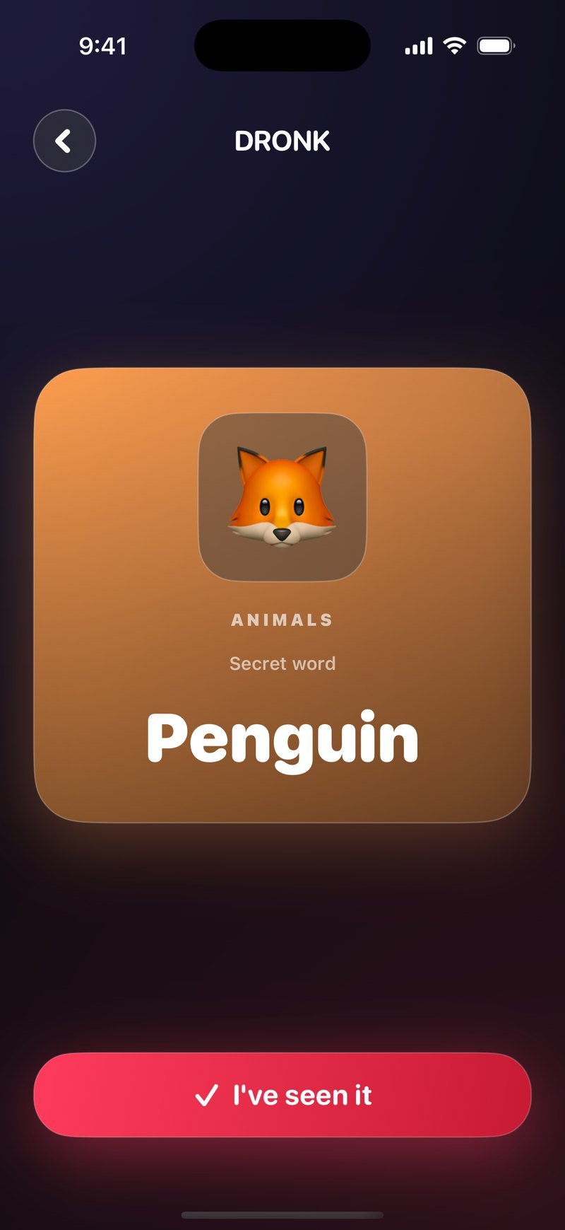Geheim-woordkaart in Dronk: oranje kaart met categorie Animals en het geheime woord Penguin, plus een I've seen it-knop